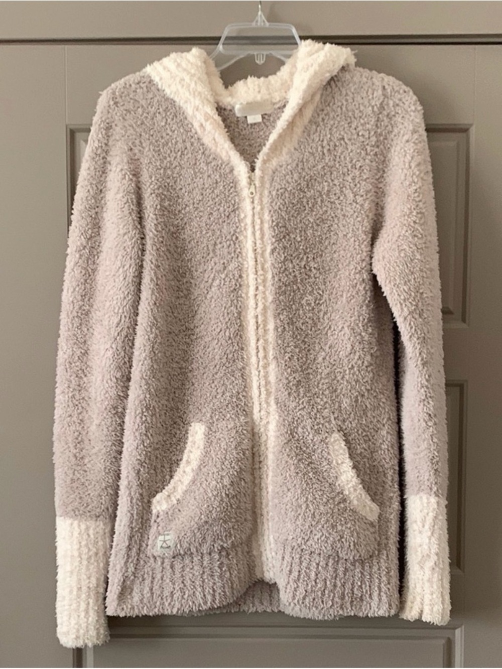 Barefoot Dreams Hooded Zip Cardigan in Light Taupe and Cream Two Tone